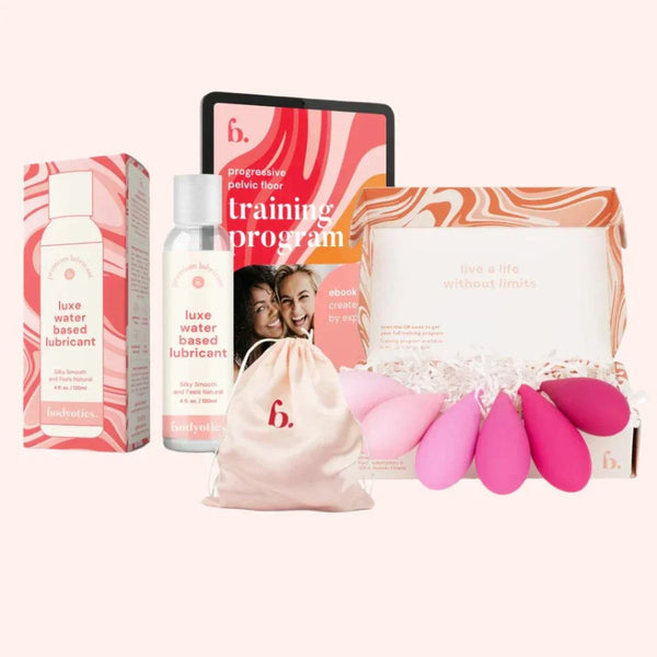 Bodyotics Kegel weights set with six graduated sizes, water-based lubricant, and training program kit for pelvic floor exercise and self-care.