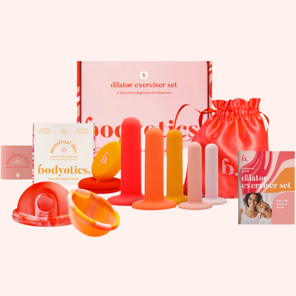 Bodyotics vaginal dilators set with reusable menstrual discs in orange and red, including carry pouch for comfort and convenience.