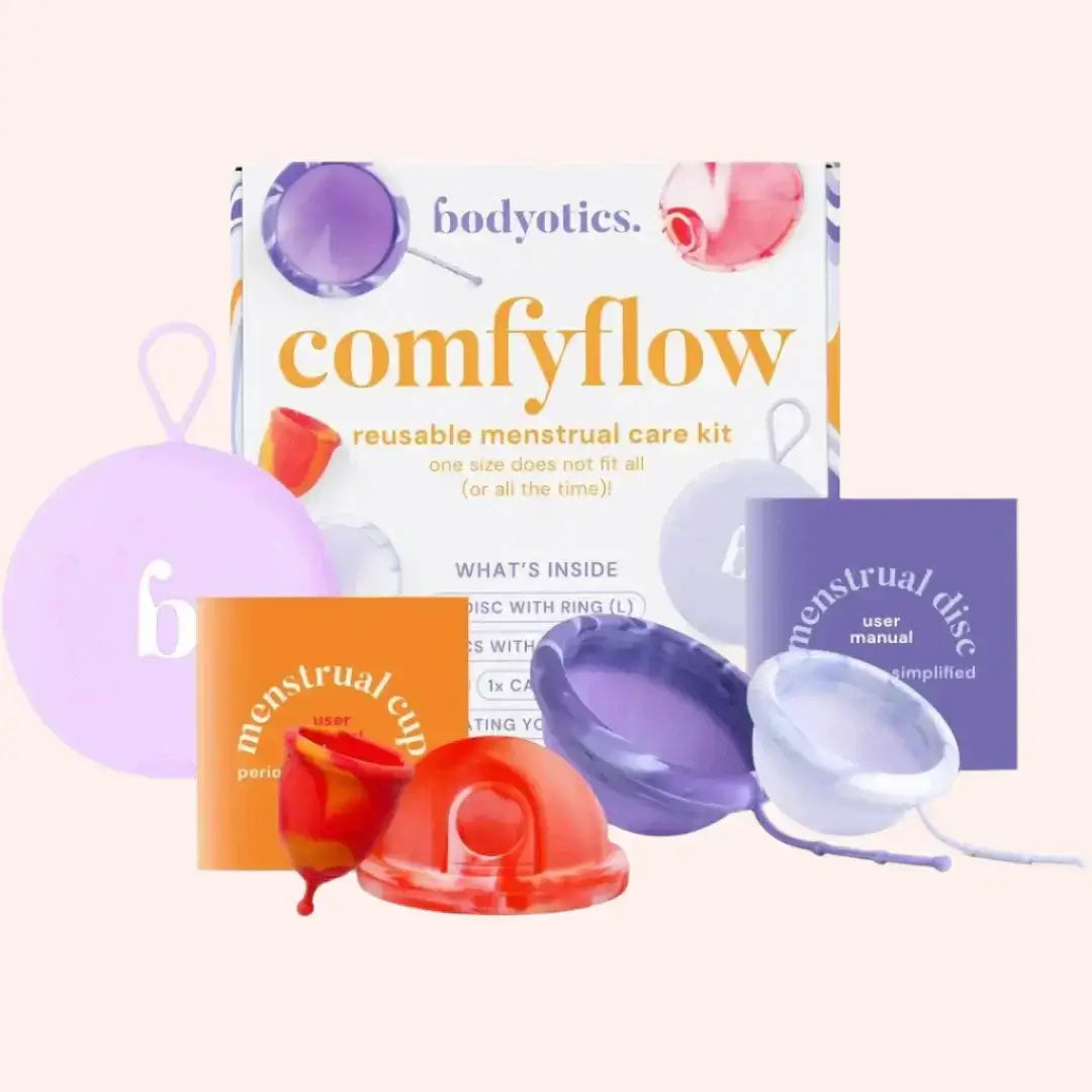Menstrual disc and menstrual cup side by side on a soft neutral background, comparing the two reusable period-care options