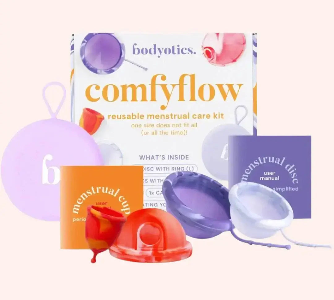 Menstrual disc and menstrual cup side by side on a soft neutral background, comparing the two reusable period-care options