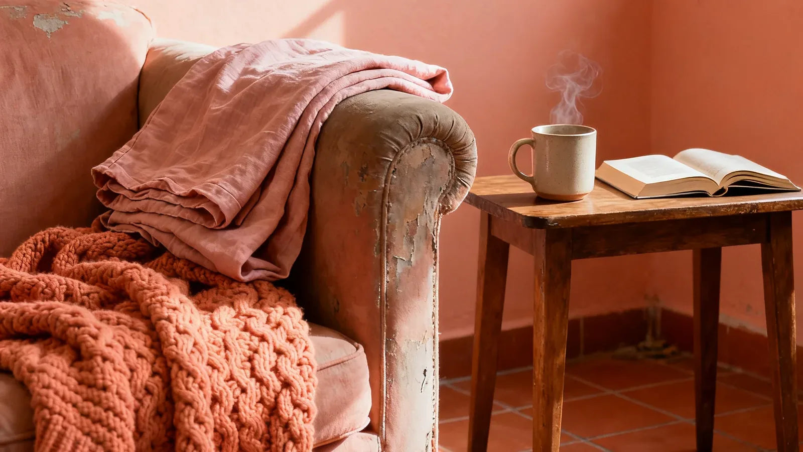 Late-afternoon sun across a worn sofa arm with a folded blush linen throw and a chunky apricot knit blanket, and a steaming mug beside an open book on a small wooden table.