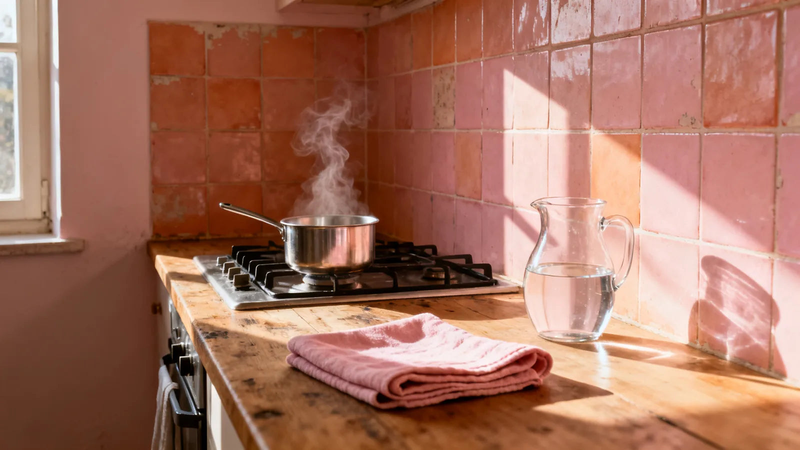 Late-afternoon sun across a pink and terracotta tiled kitchen, with a small steel saucepan steaming on the hob, a folded pink linen towel and a glass jug of water on a worn wooden counter.