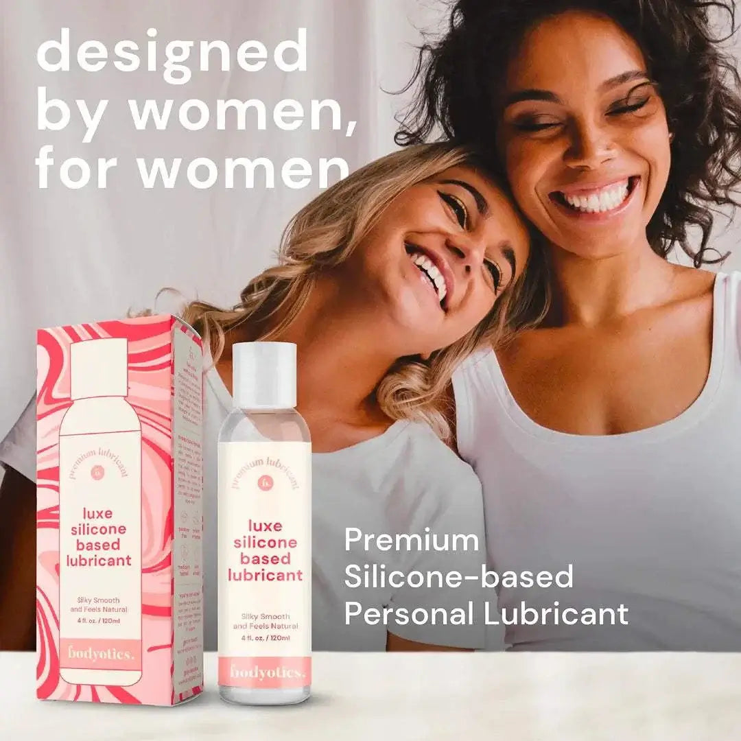 Bodyotics premium silicone based lubricant bottle and packaging with smiling women, designed by women for women, promoting smooth and long-lasting personal lubricant.