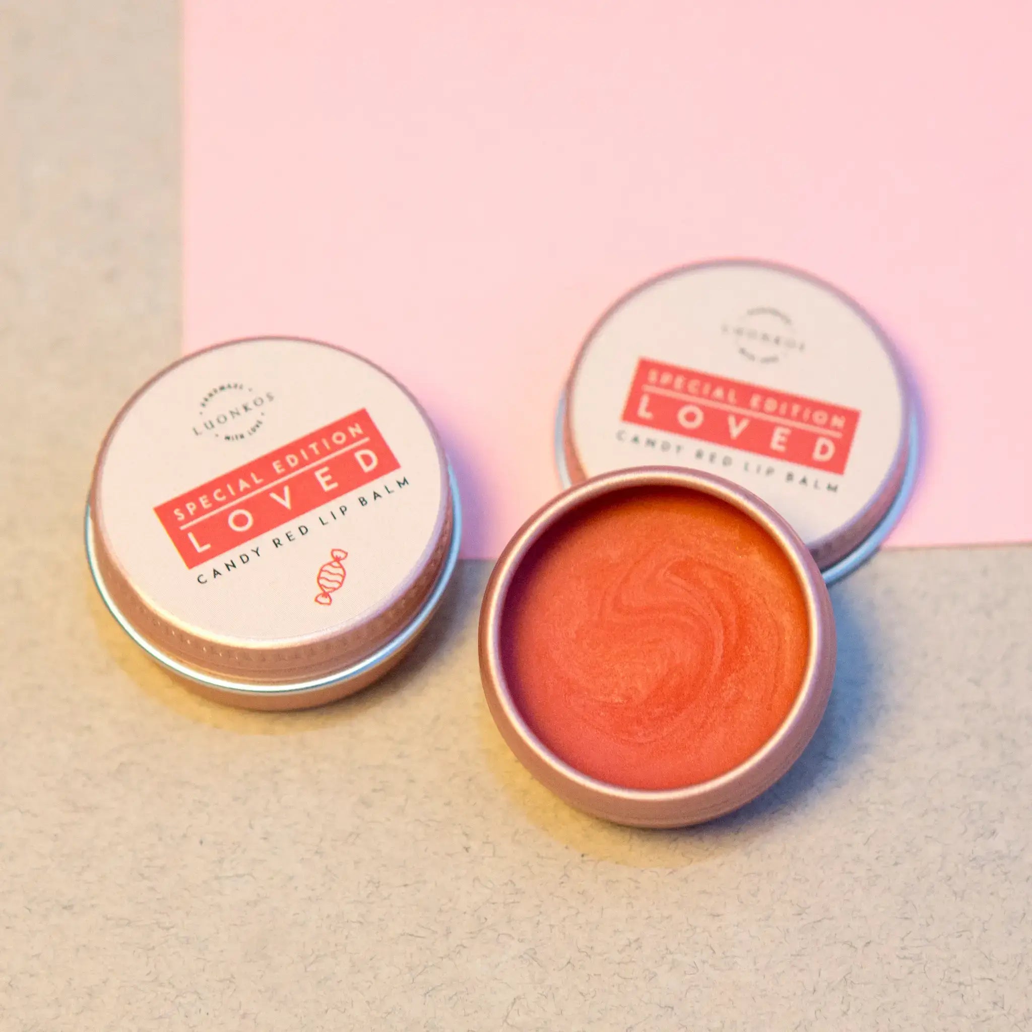 Loved Special Edition candy red lip balm open tin – fruity red flavoured natural multipurpose balm
