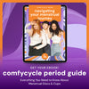 Bodyotics Comfyflow Menstrual Cup & Disc Set with Period Guide 디지털 이미지, 기능 개요 텍스트, 앞에 여자 세 명.