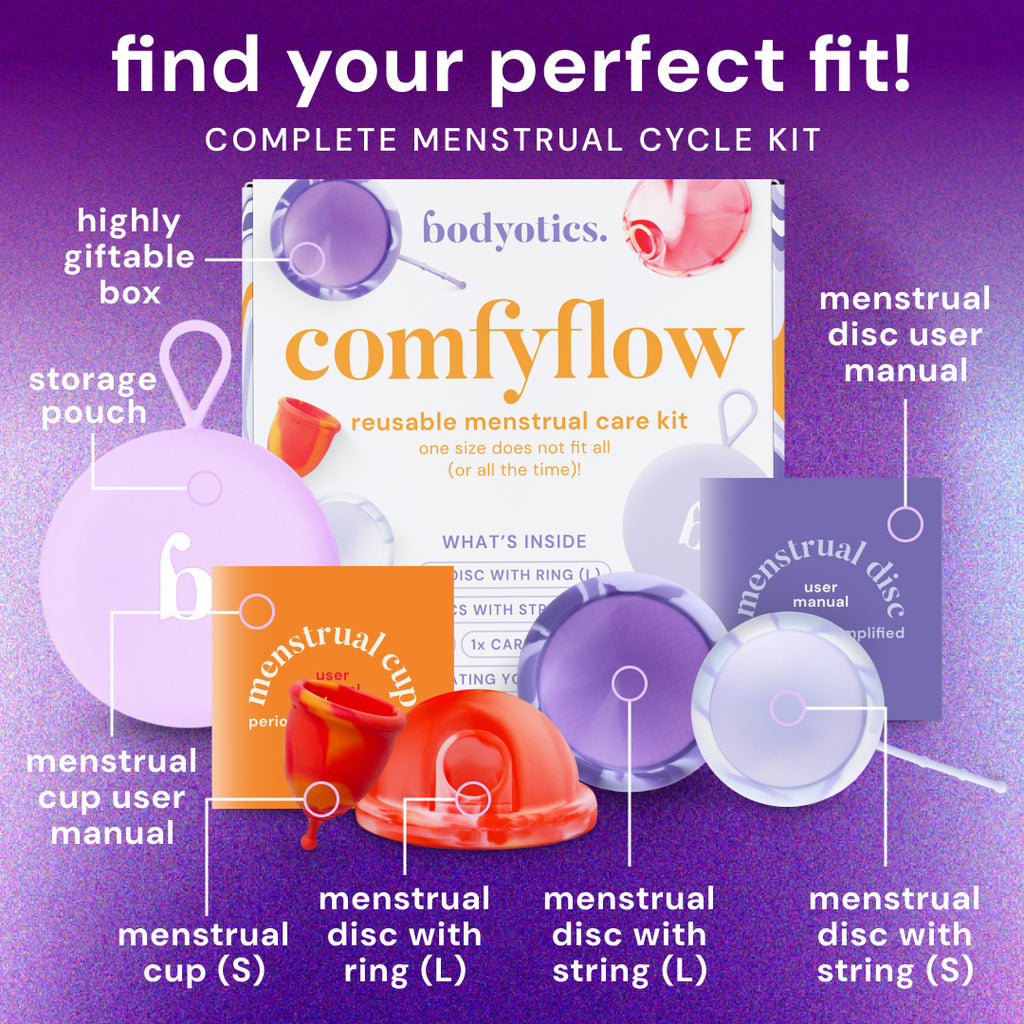 Bodyotics Comfyflow reusable menstrual cup and disc set with storage pouch and manuals.