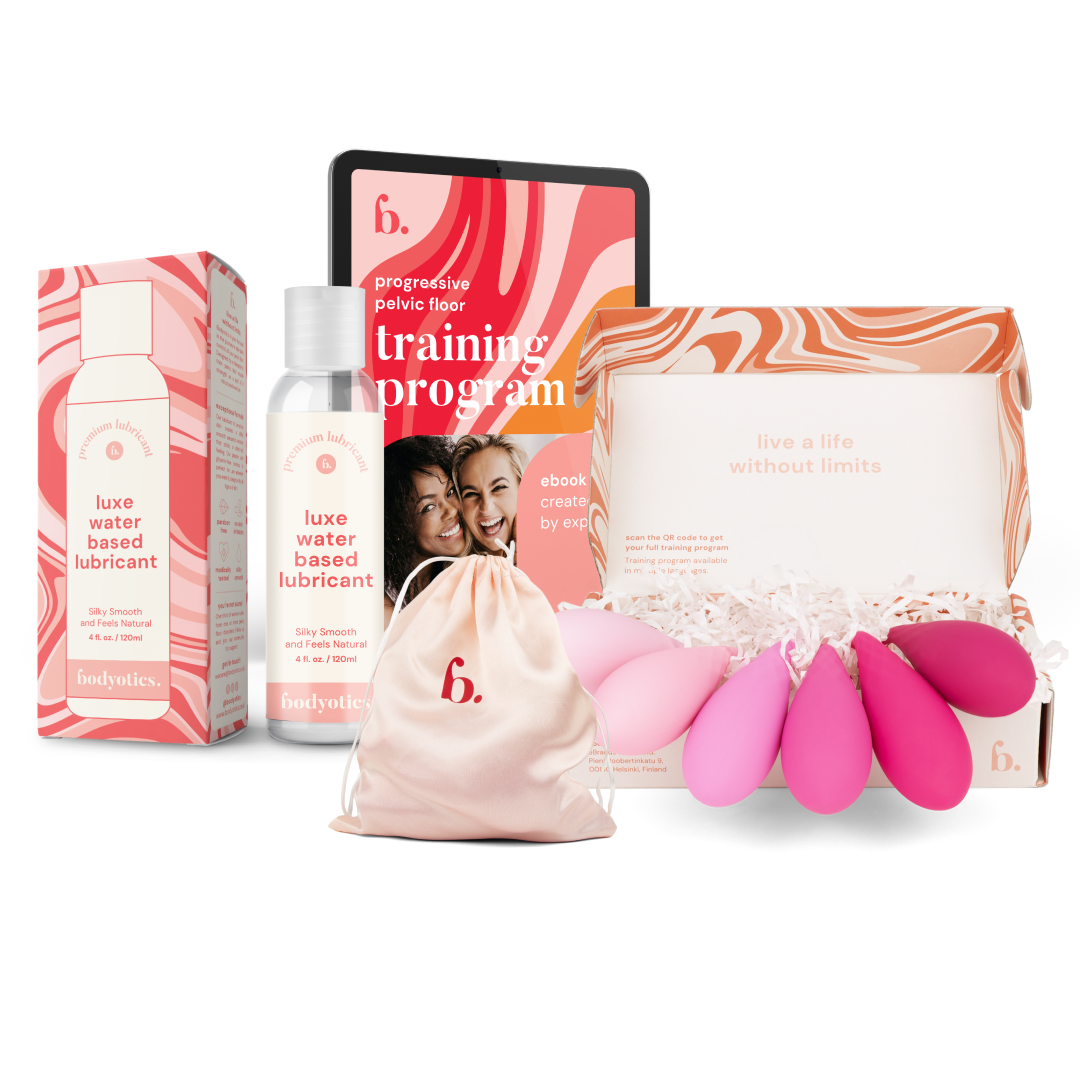 Kegel exercise set with 6 pieces and water-based lubricant.