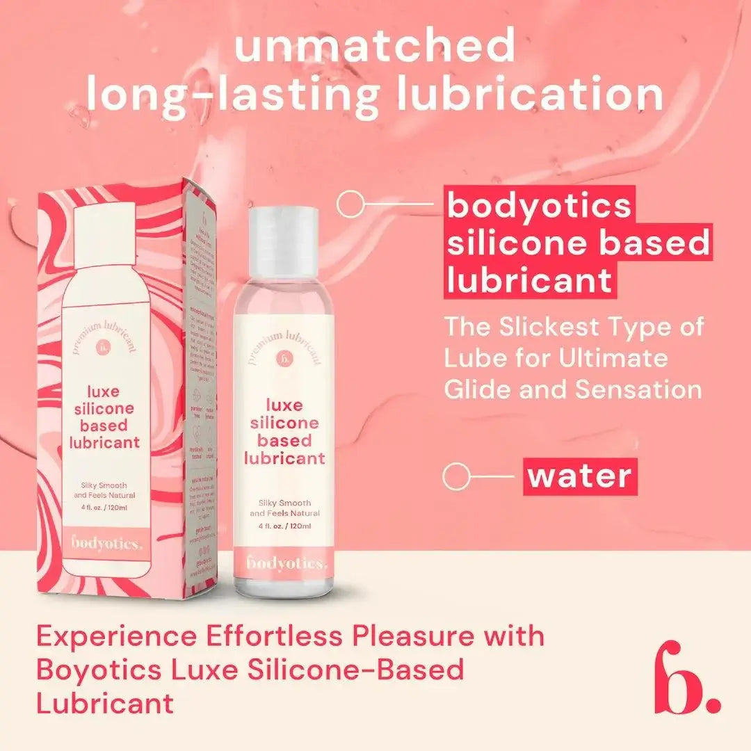 Bodyotics Premium Silicone Based Lubricant 4oz bottle and packaging with long-lasting, silky smooth lubrication on pink background
