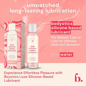 Bodyotics Premium Silicone Based Lubricant 4oz bottle and packaging with long-lasting, silky smooth lubrication on pink background