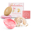 Bodyotics Reusable Menstrual Discs with carry pouch and user manual, featuring two sizes in a marbled design for up to 12 hours of protection.