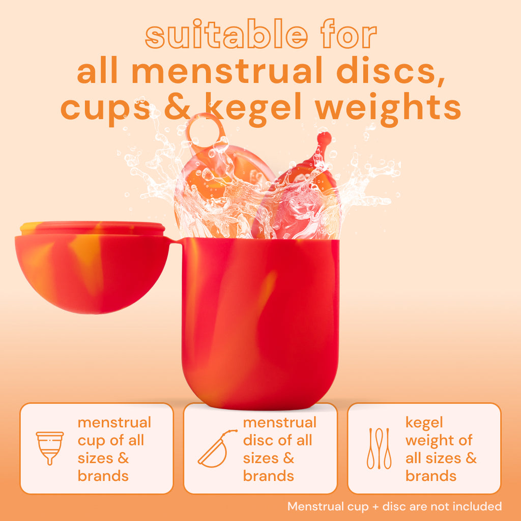 Bodyotics Comfycase sterilizer case for all menstrual discs, cups, and kegel weights. Compact, microwave-safe storage solution.