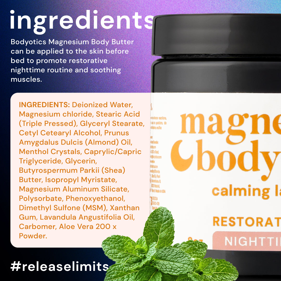 Bodyotics Nighttime Magnesium Butter with mint and lavender for muscle relaxation, 8oz jar.