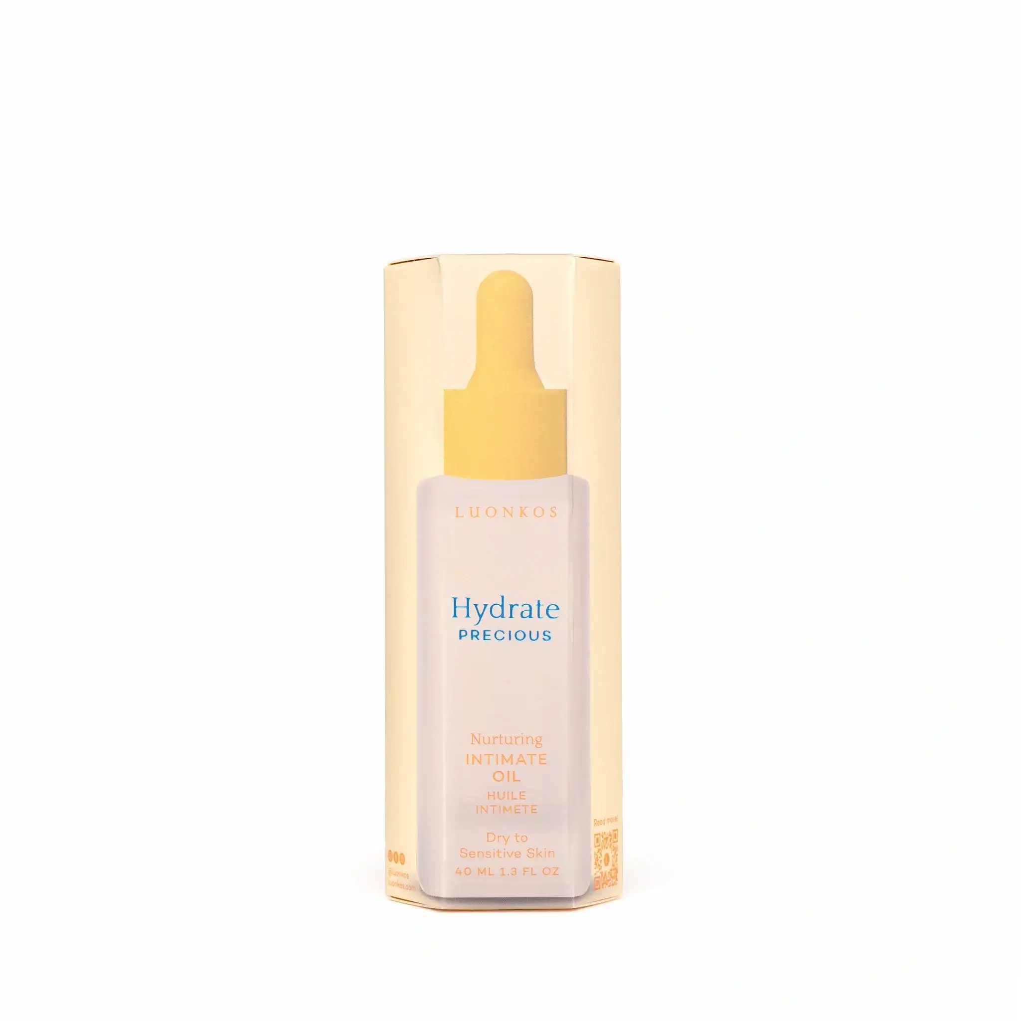 Luonkos Precious intimate oil pink bottle side view – 40ml natural intimate moisturizing oil