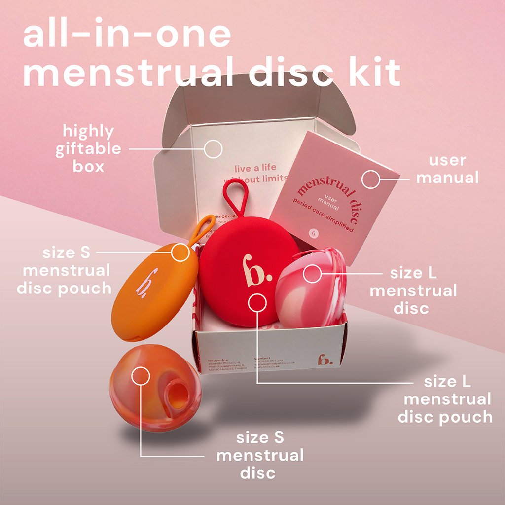 All-in-one kit for Bodyotics Reusable Menstrual Discs with various disc sizes and carry pouches.
