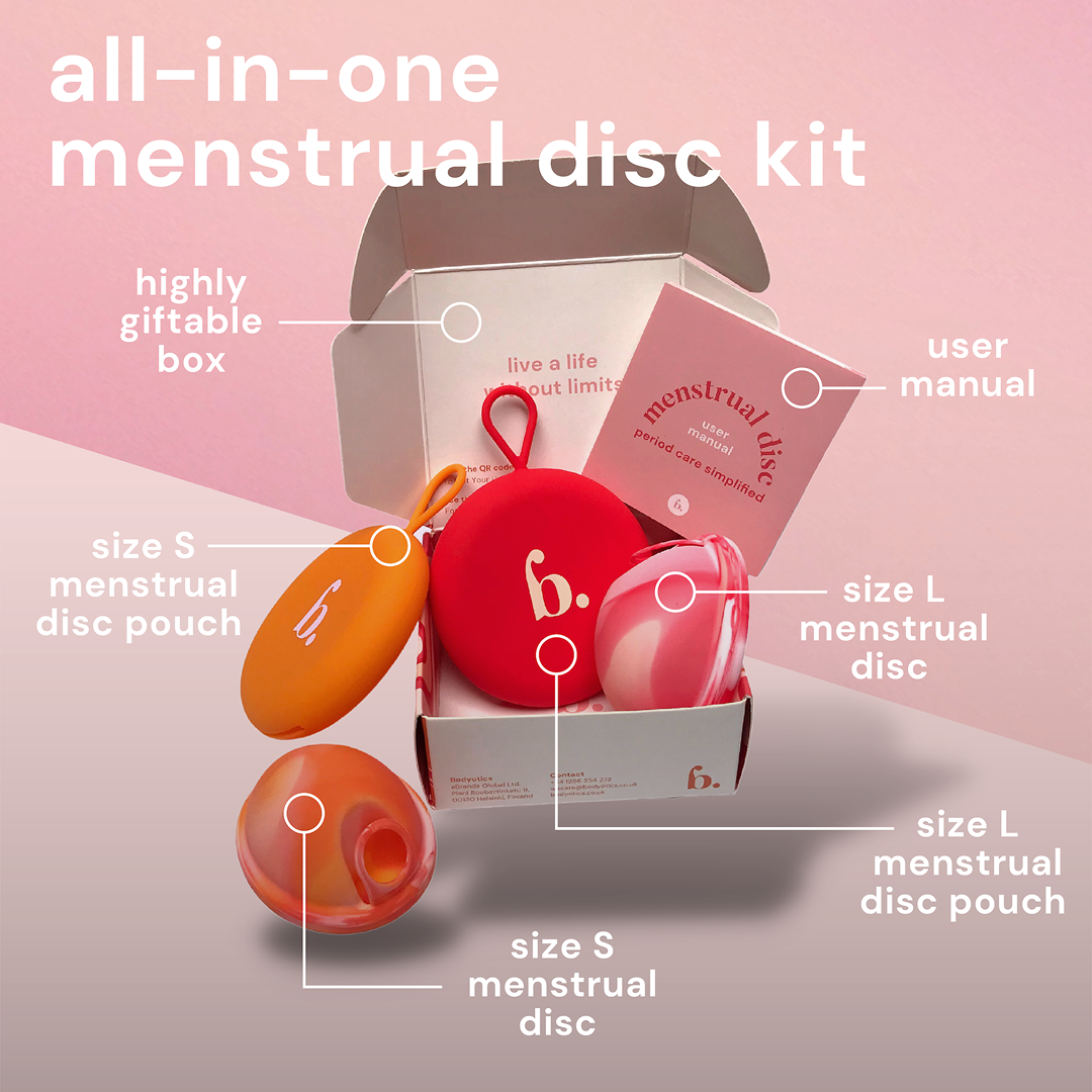 All-in-one kit for Bodyotics Reusable Menstrual Discs with various disc sizes and carry pouches.