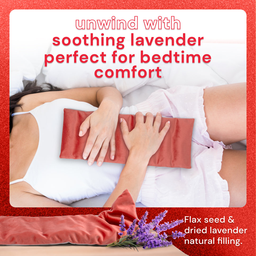 Heating pad for cramps with flax seed and lavender filling, ideal for bedtime comfort.