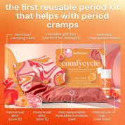 Bodyotics Comfycycle reusable period disc and care kit with menstrual discs, cup, sterilizer case, heatable pad, and magnesium lotion for period cramps relief.