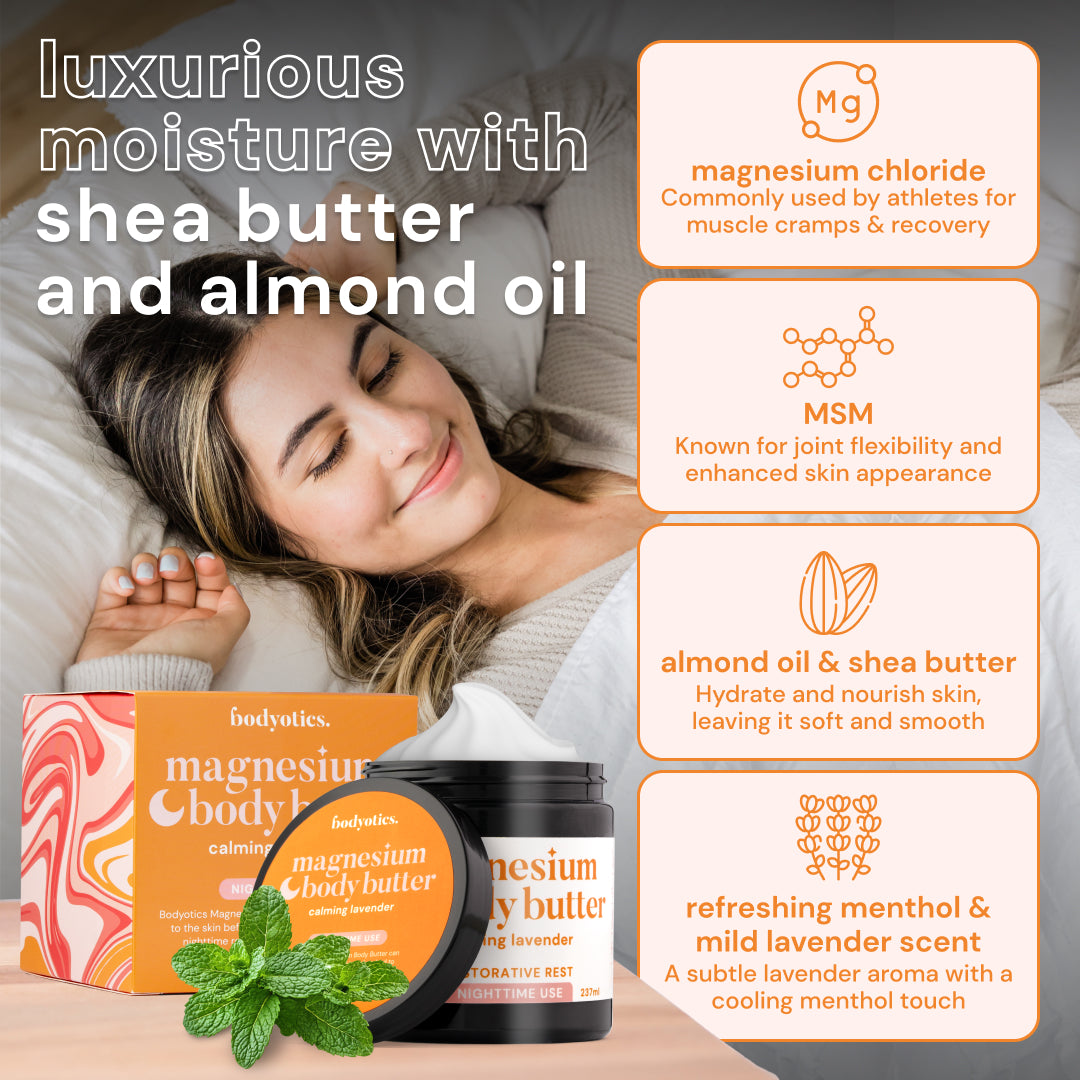 Luxurious moisture with shea butter and almond oil, featuring Bodyotics Nighttime Magnesium Butter for soothing comfort and relaxation.