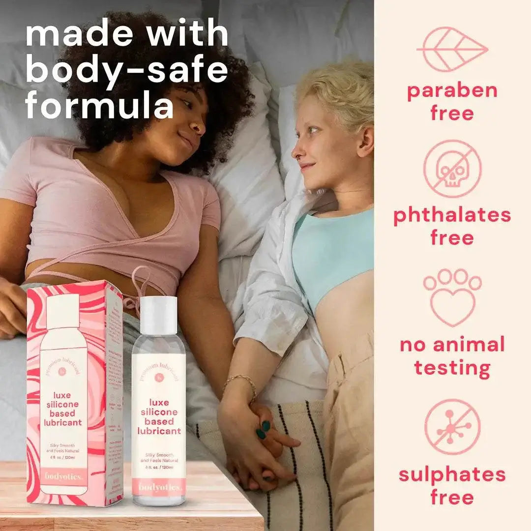 Bodyotics premium silicone based lubricant in 4oz bottle with body-safe, paraben-free, phthalates-free, and cruelty-free formula.