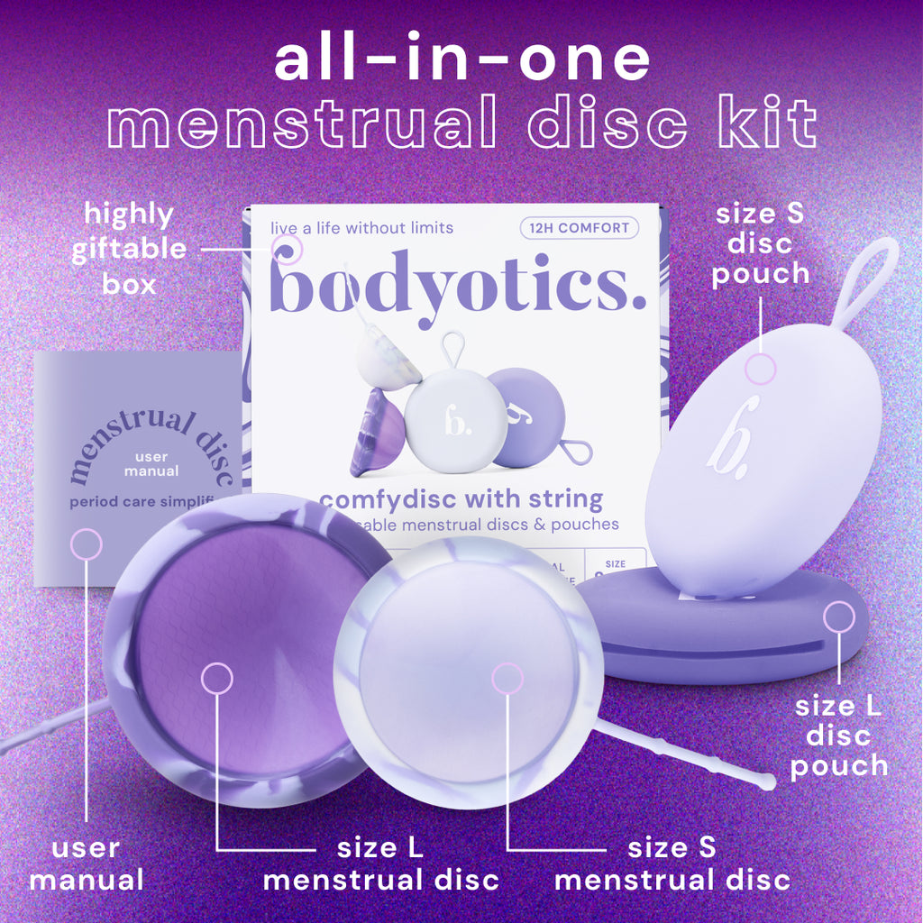 Bodyotics Comfydisc reusable menstrual discs with string and pouches on purple background.