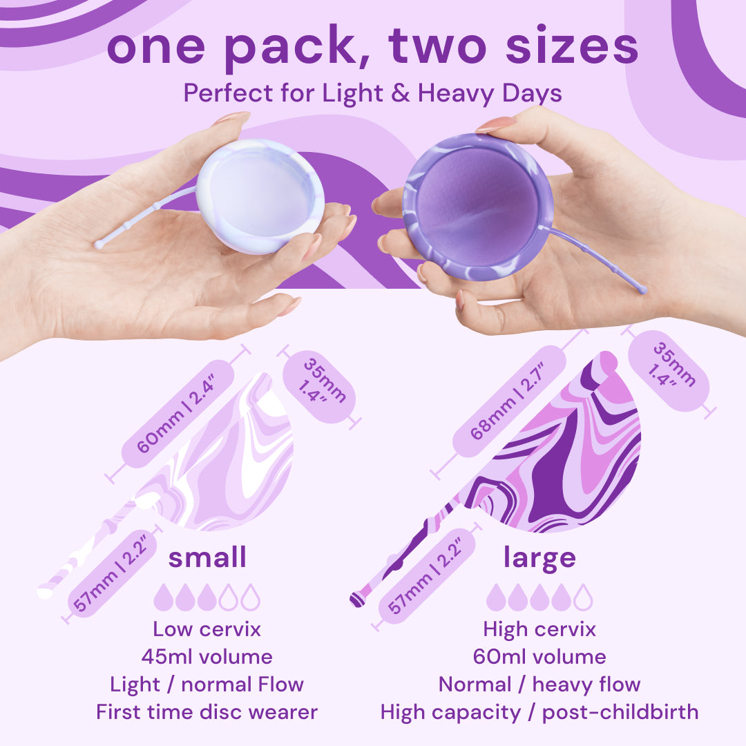 Bodyotics Comfydisc reusable menstrual discs in two sizes for light and heavy flows, eco-friendly and comfortable.