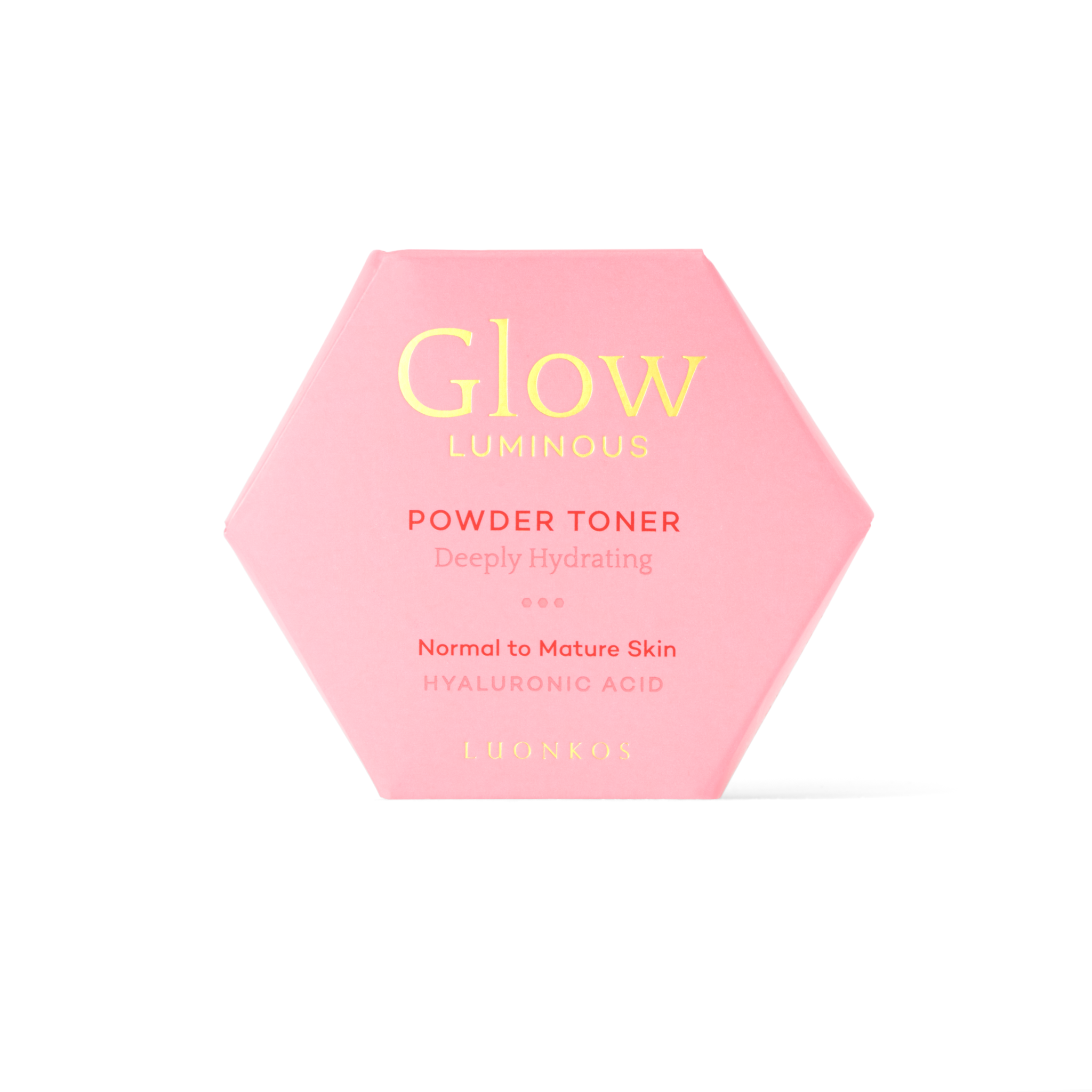 Luonkos Glow Luminous deeply hydrating powder toner – pink hexagonal container with hyaluronic acid for normal to mature skin