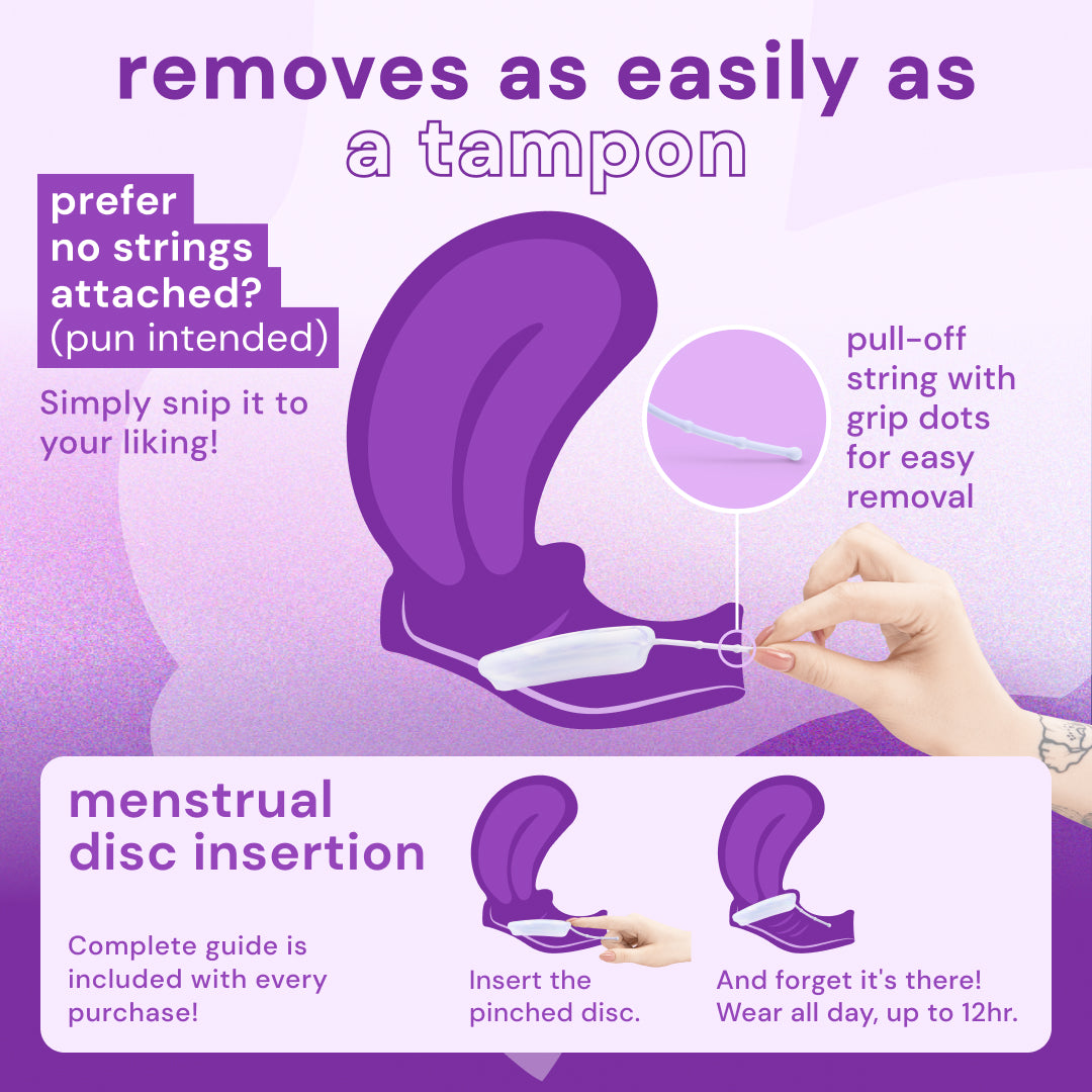 Reusable menstrual disc insertion instructions featuring the Bodyotics Comfydisc with convenient pull-off string.
