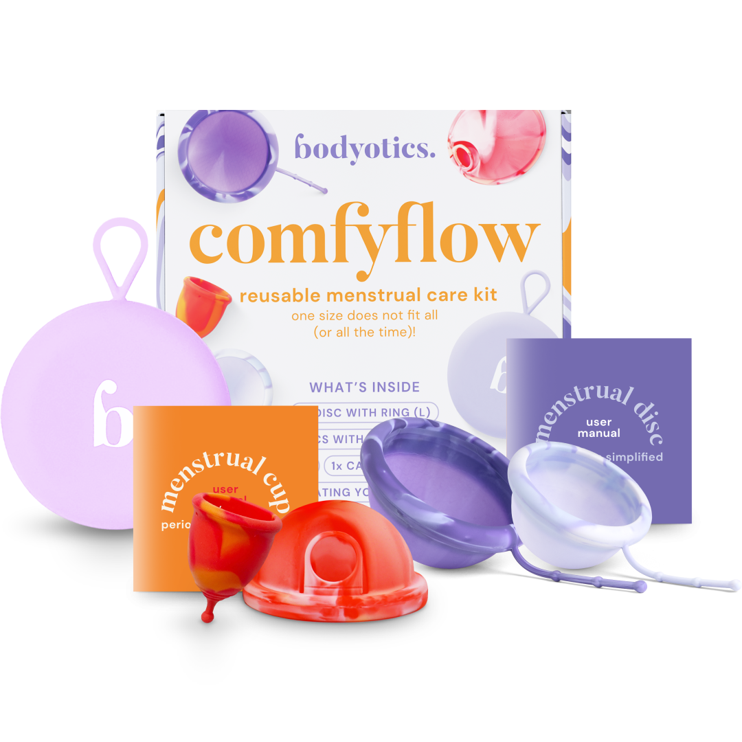 Menstrual cup and disc set by Bodyotics Comfyflow, featuring reusable period care products including a menstrual cup, discs, and storage bag.