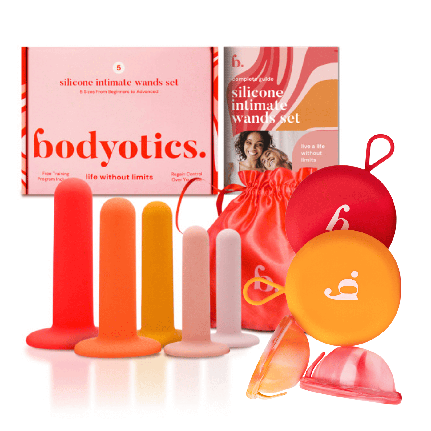 Bodyotics silicone intimate wands set with reusable menstrual disc – orange and red pelvic wellness bundle