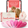 Set of 6 pink Bodyotics Kegel balls with weights from 50g to 130g, luxury pouch, and pelvic floor exerciser training program display