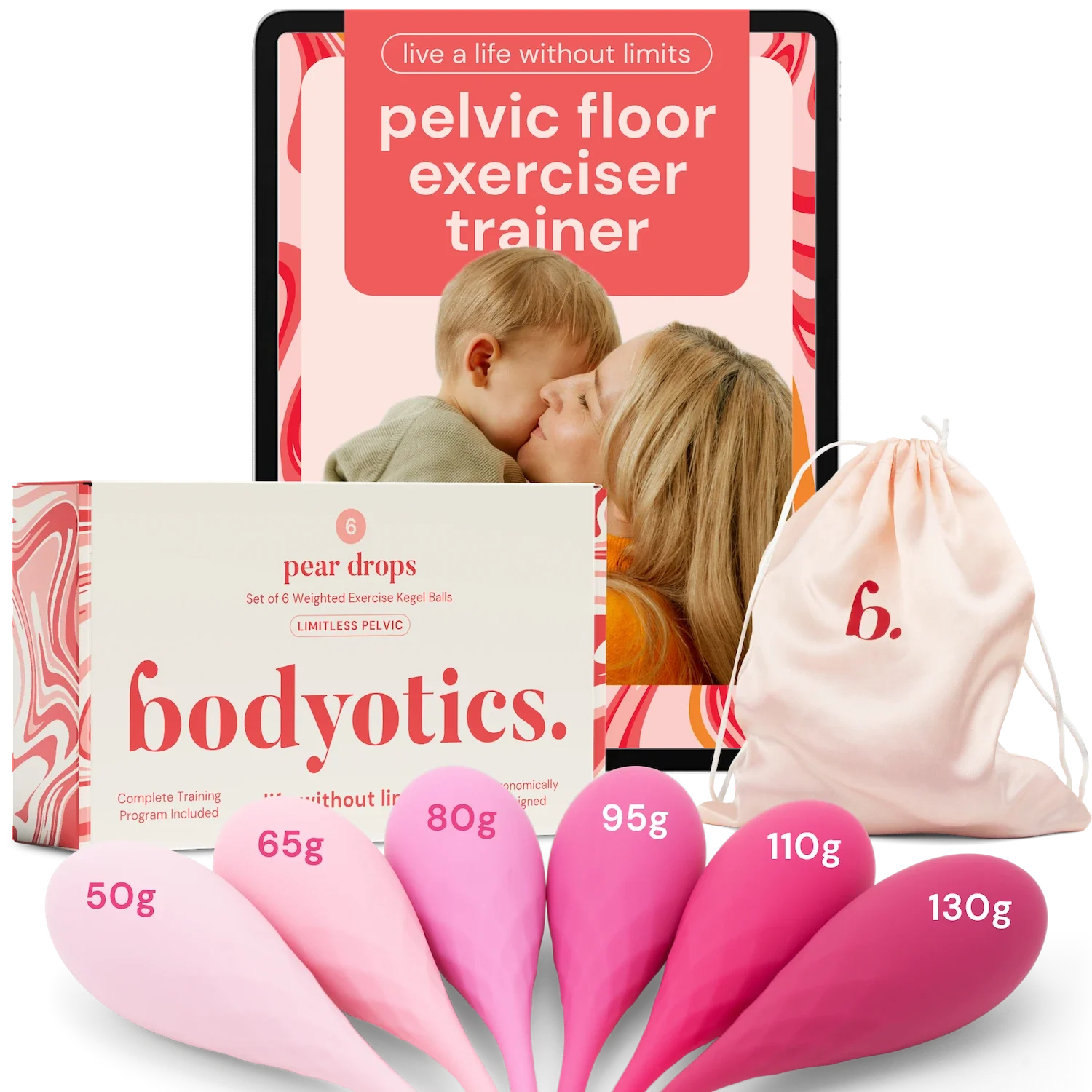 Set of 6 pink Bodyotics Kegel balls with weights from 50g to 130g, luxury pouch, and pelvic floor exerciser training program display