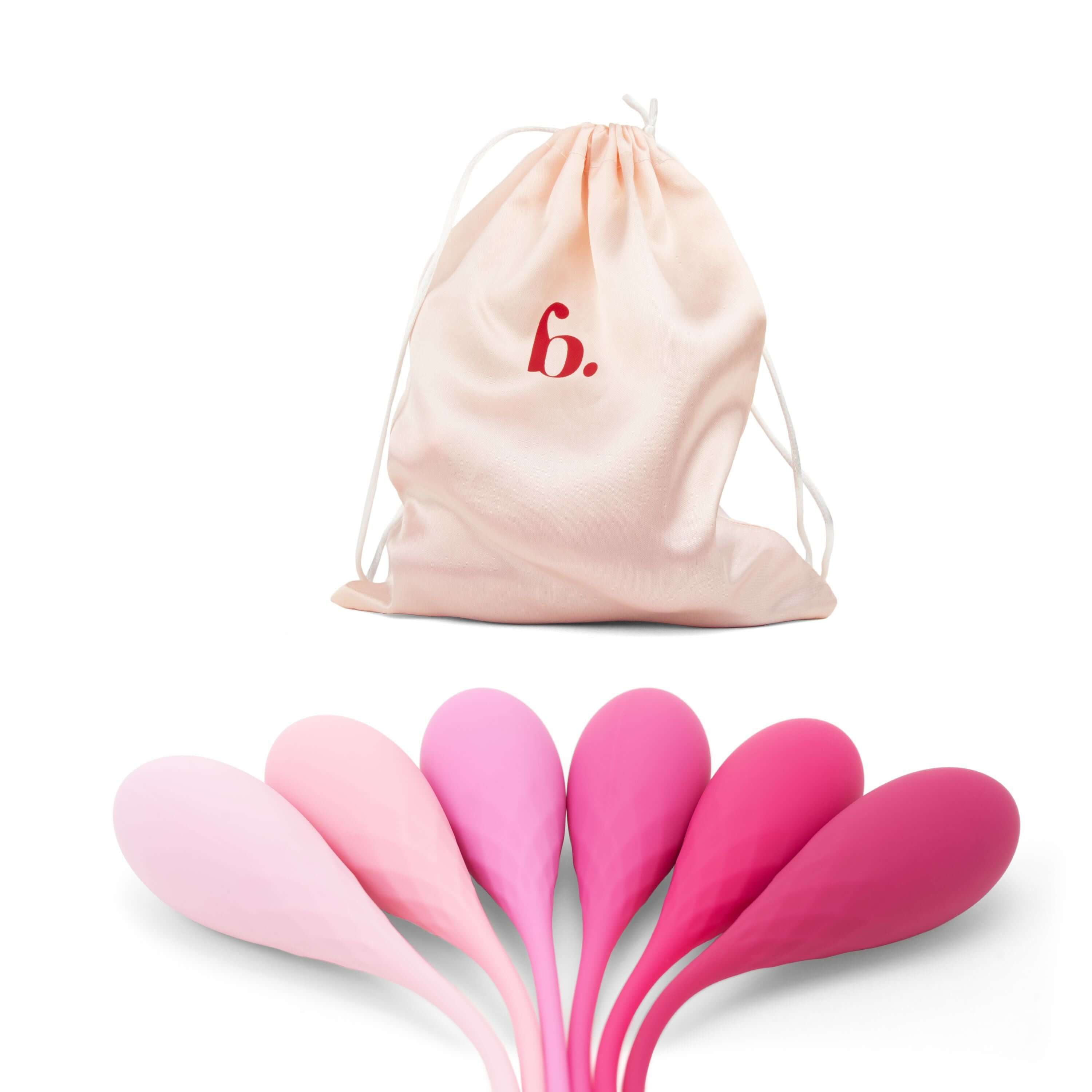 Bodyotics pelvic floor kegel weights set – 6 pink silicone graduated weights with premium velvet pouch