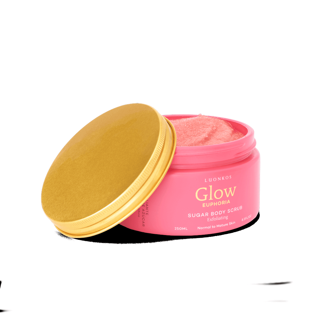 Luonkos Euphoria sugar body scrub open jar – natural sugar exfoliant with colourful botanicals and fruity scent