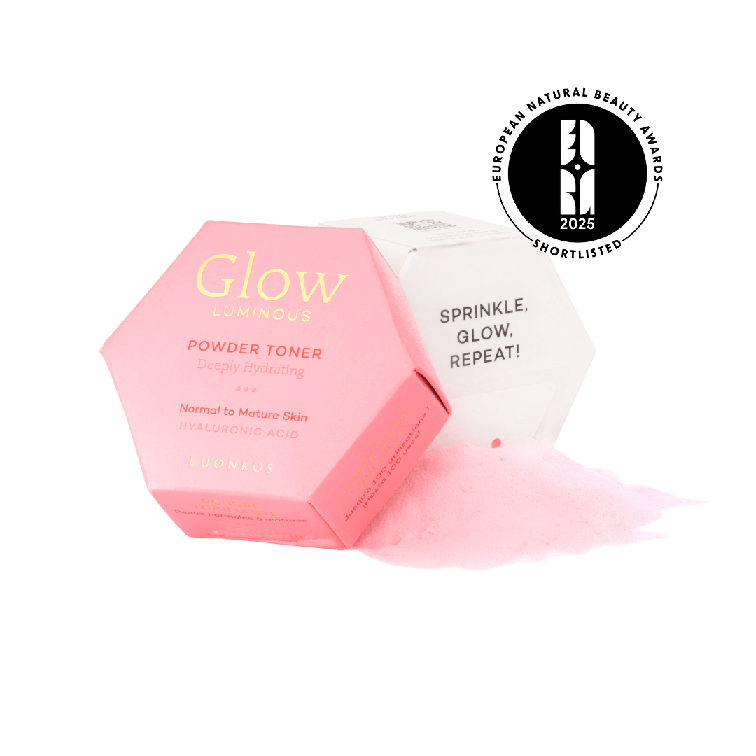 Luonkos Glow Luminous powder toner with packaging – Sprinkle Glow Repeat pink hexagonal box and container for natural skin glow