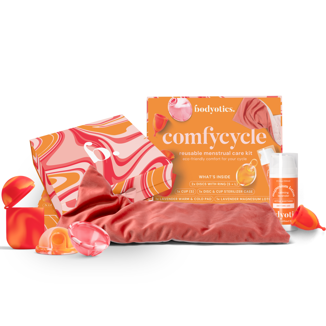 Eco-friendly Bodyotics Comfycycle Reusable Period Disc & Care Kit with menstrual discs, cup, sterilizer case, thermal pad, and guide.