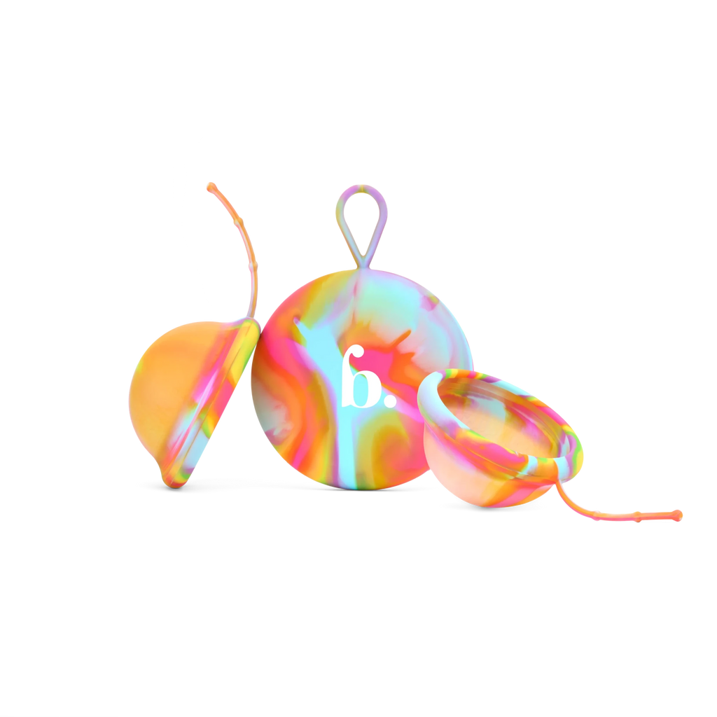 Bodyotics Comfydisc Rainbow Edition reusable menstrual discs with colorful silicone and carrying pouch for 12-hour leak-proof protection