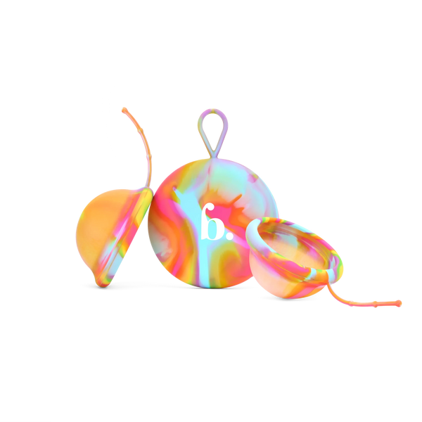 Bodyotics Comfydisc Rainbow Edition reusable menstrual discs with colorful silicone and carrying pouch for 12-hour leak-proof protection
