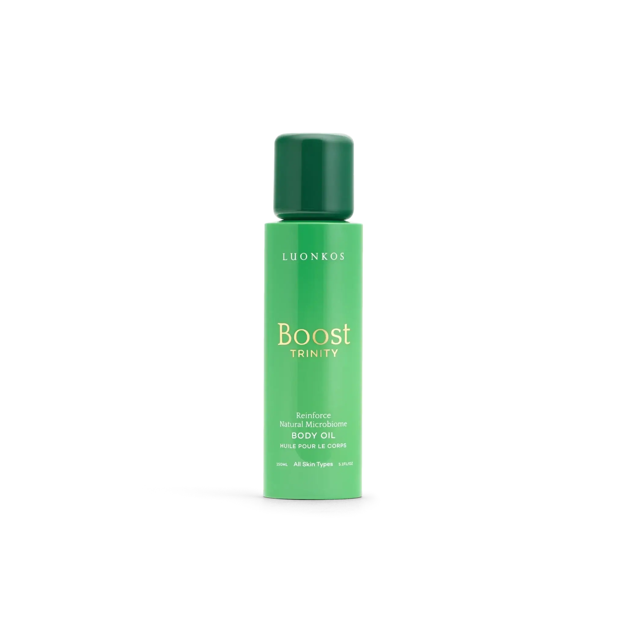 Boost Trinity body oil bottle – Finnish forest microbiome skin hydration and protection oil in green bottle