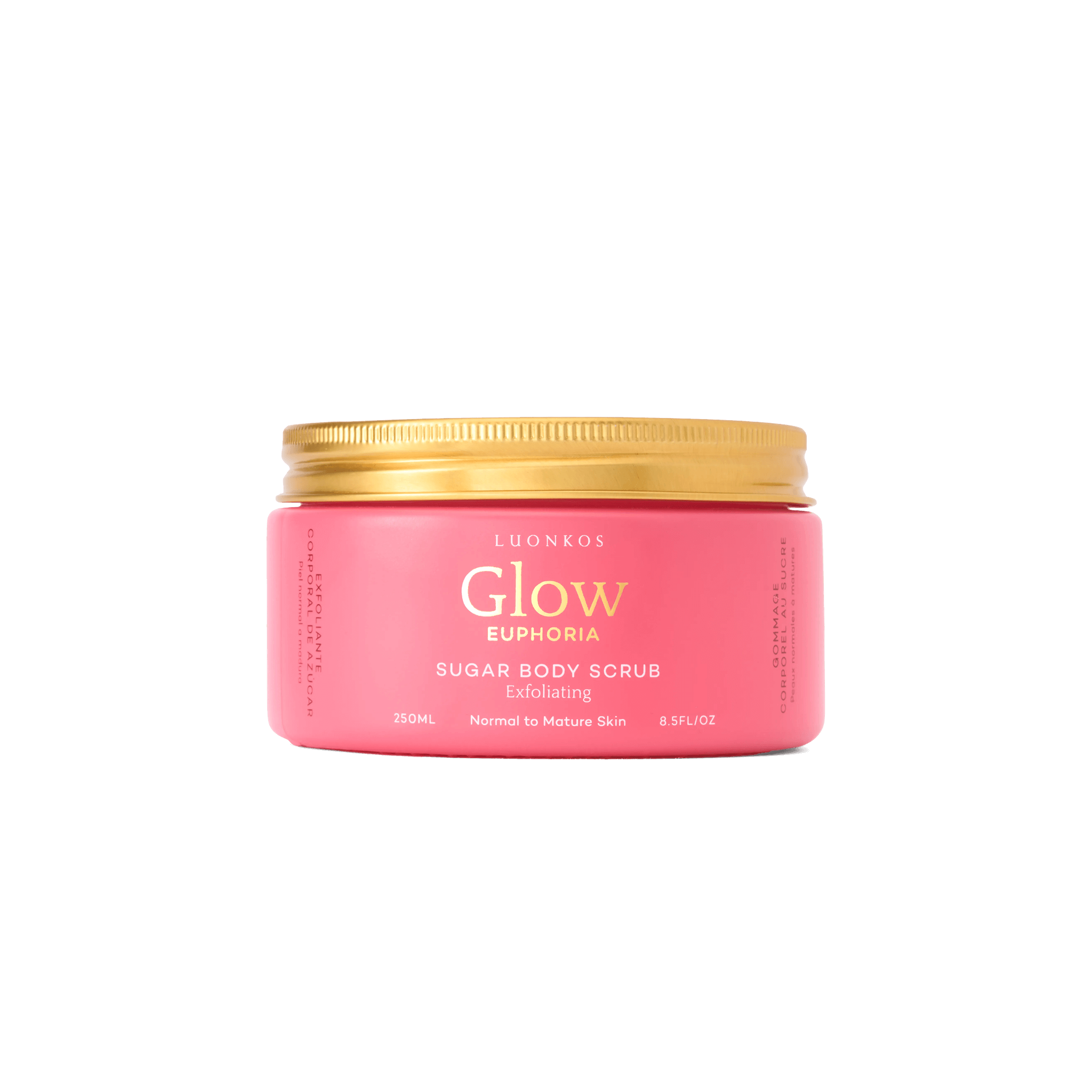 Luonkos Euphoria sugar body scrub – natural exfoliating body scrub in colourful packaging with sugar crystals