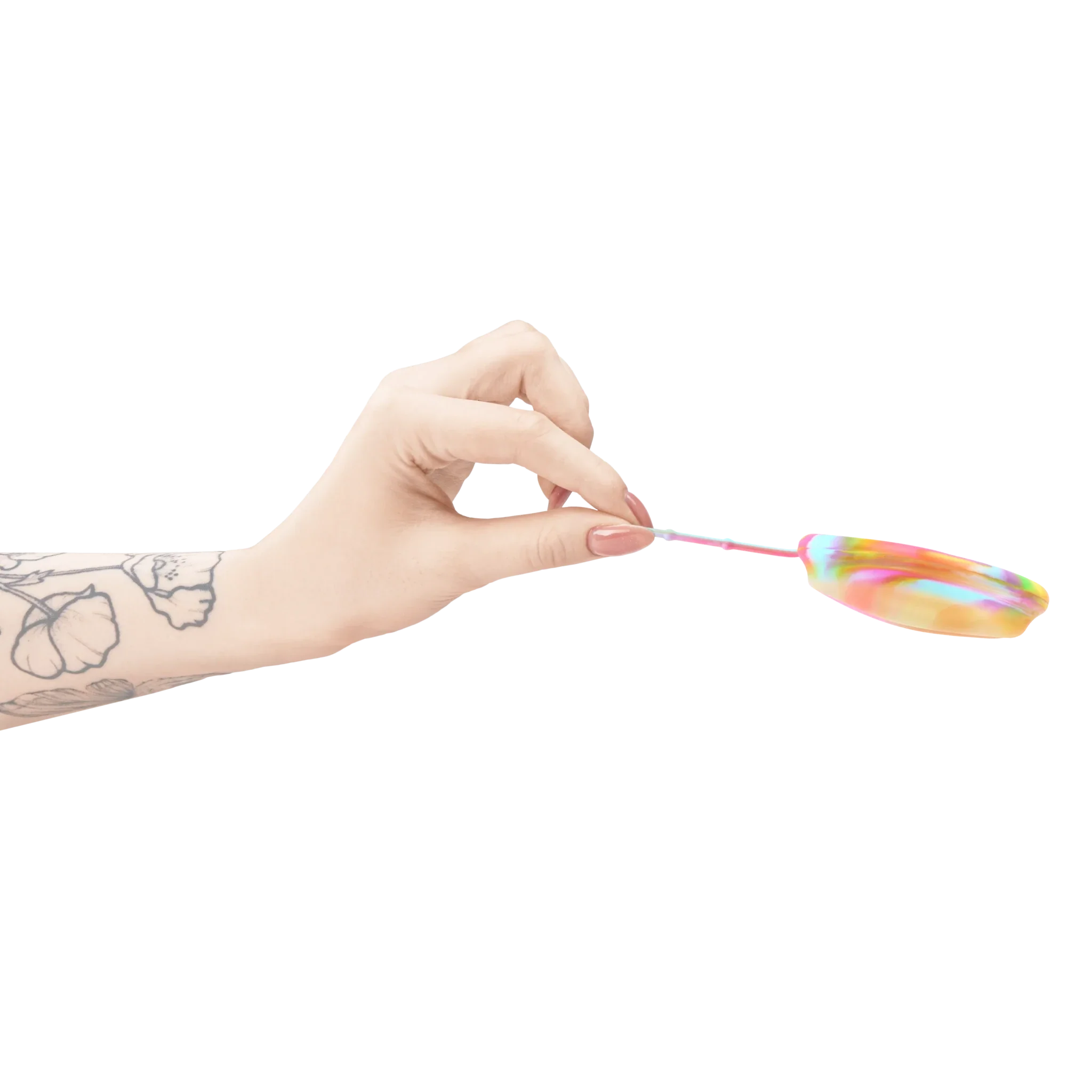 Hand holding a Bodyotics Comfydisc Rainbow Edition reusable menstrual disc with pull-off string, showcasing rainbow colors and body-safe silicone design.