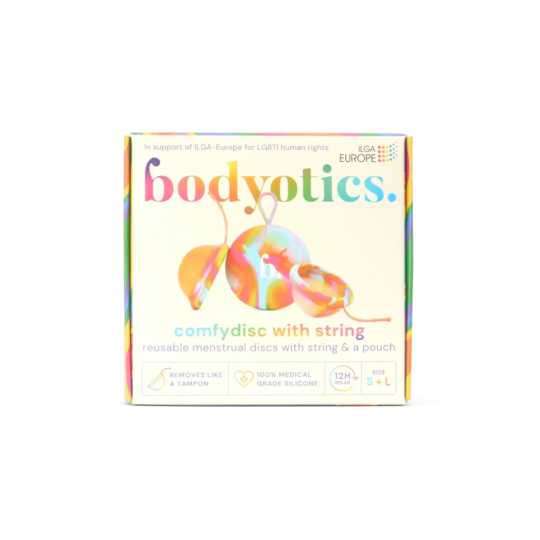 Bodyotics Comfydisc Rainbow Edition reusable menstrual discs with string and carrying pouch, rainbow design, 12-hour leak-proof comfort, body-safe silicone, supports LGBTI rights