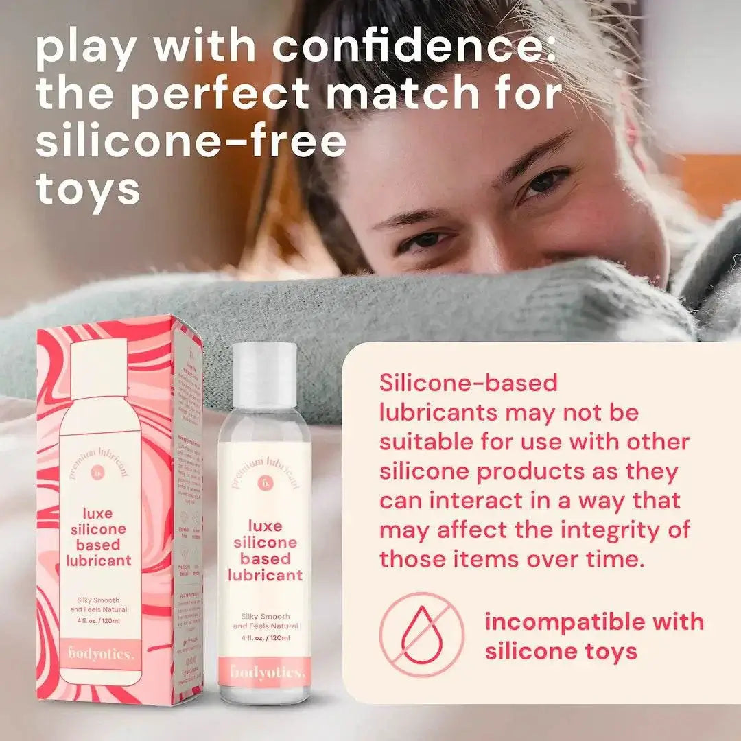 Bodyotics Premium Silicone Based Lubricant 4oz bottle and box with usage warning and product benefits text