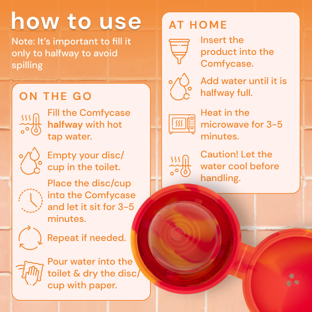 Bodyotics Comfycase for menstrual disc and cup sterilization on the go and at home instructions.