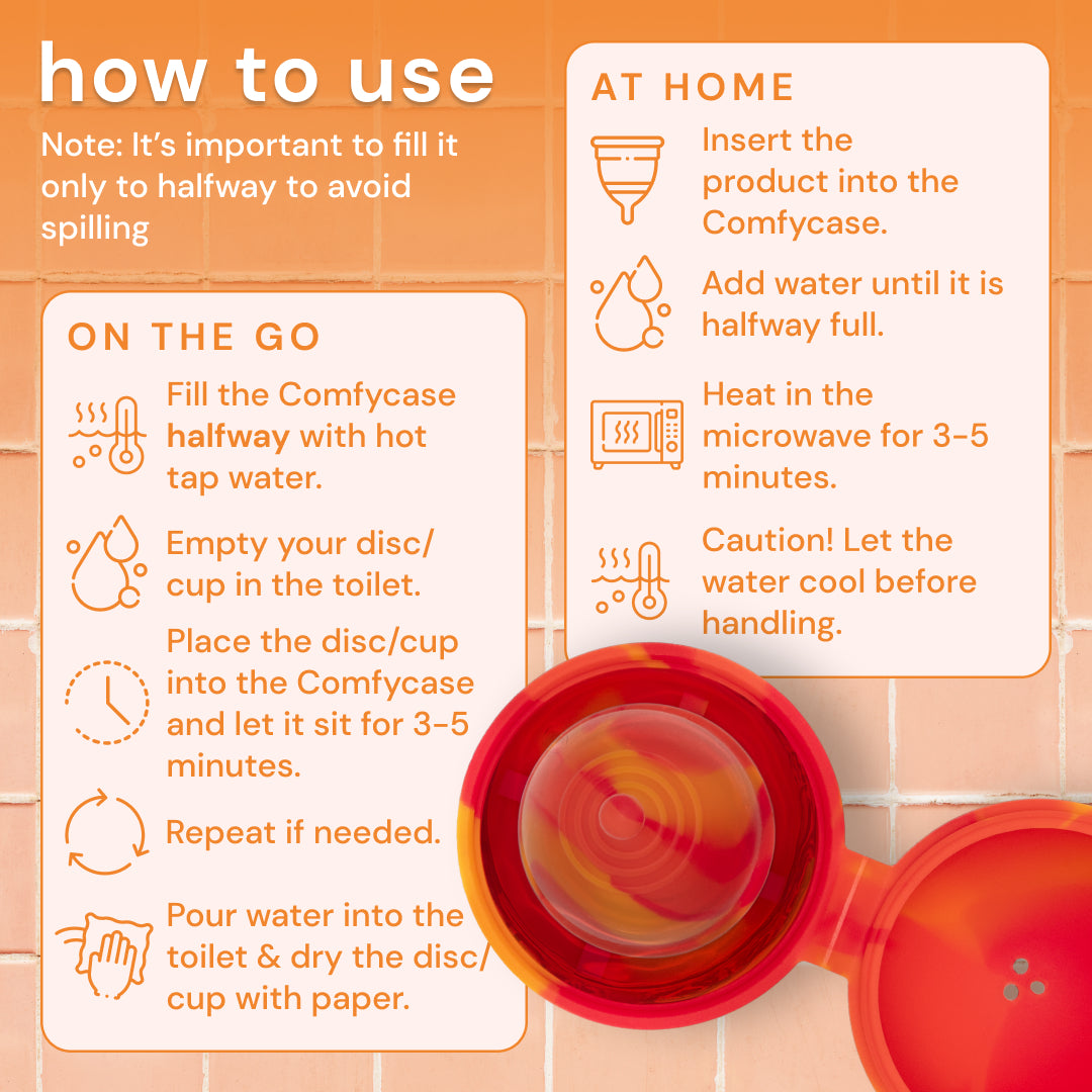 Bodyotics Comfycase for menstrual disc and cup sterilization on the go and at home instructions.