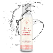 Bodyotics Premium Silicone Based Lubricant 4oz bottle with clear liquid splash, silky smooth and long-lasting formula for sensitive skin and intimate pleasure.