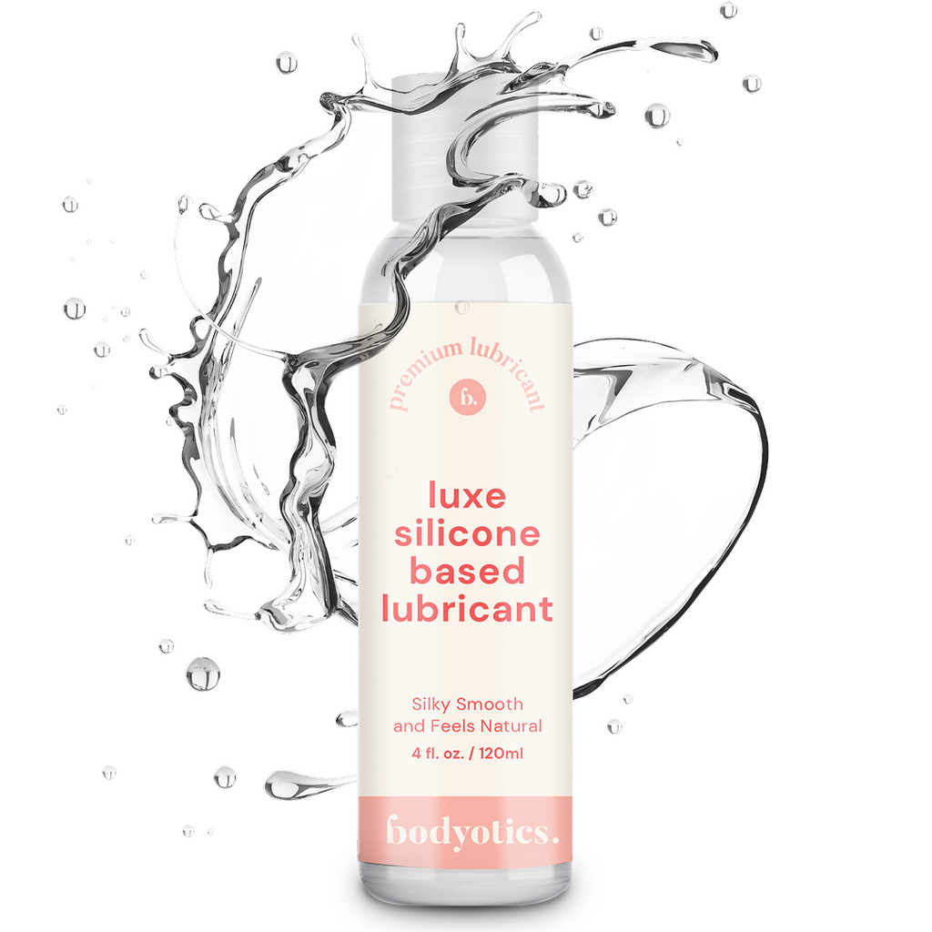 Bodyotics Silicone Based Lube - 4oz bottle with splash effect, premium hypoallergenic formula.