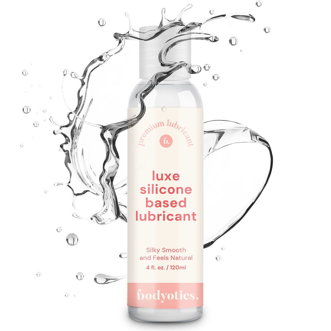 Bodyotics Silicone Based Lube - 4oz bottle with splash effect, premium hypoallergenic formula.