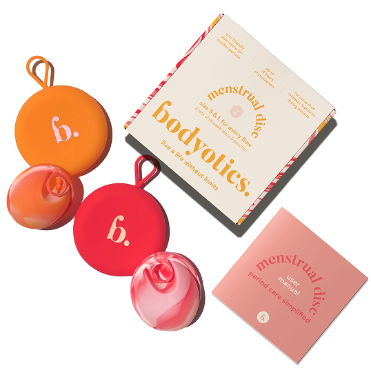 Bodyotics Reusable Menstrual Discs with carry pouch and packaging.