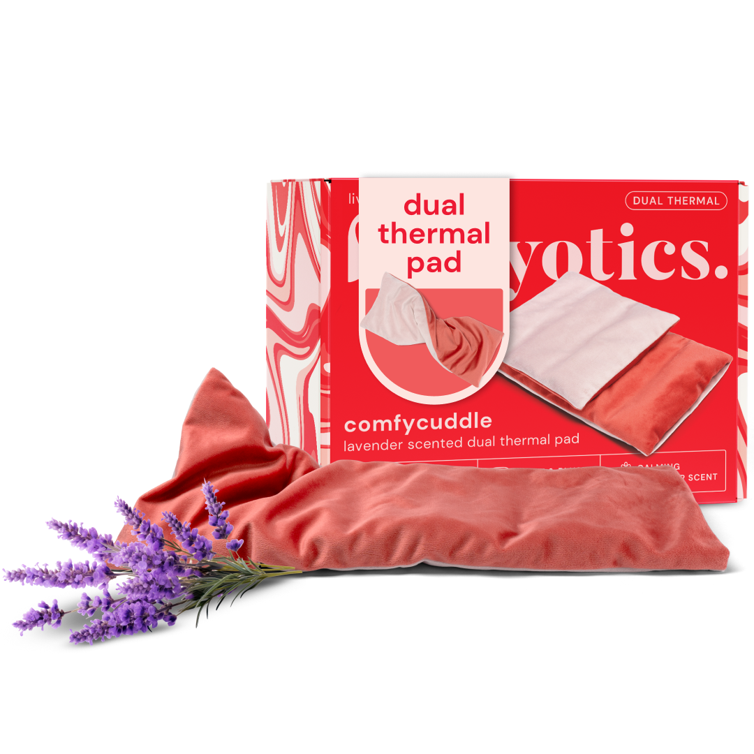 Heating pad for cramps - Bodyotics ComfyCuddle dual thermal pad with lavender on packaging.