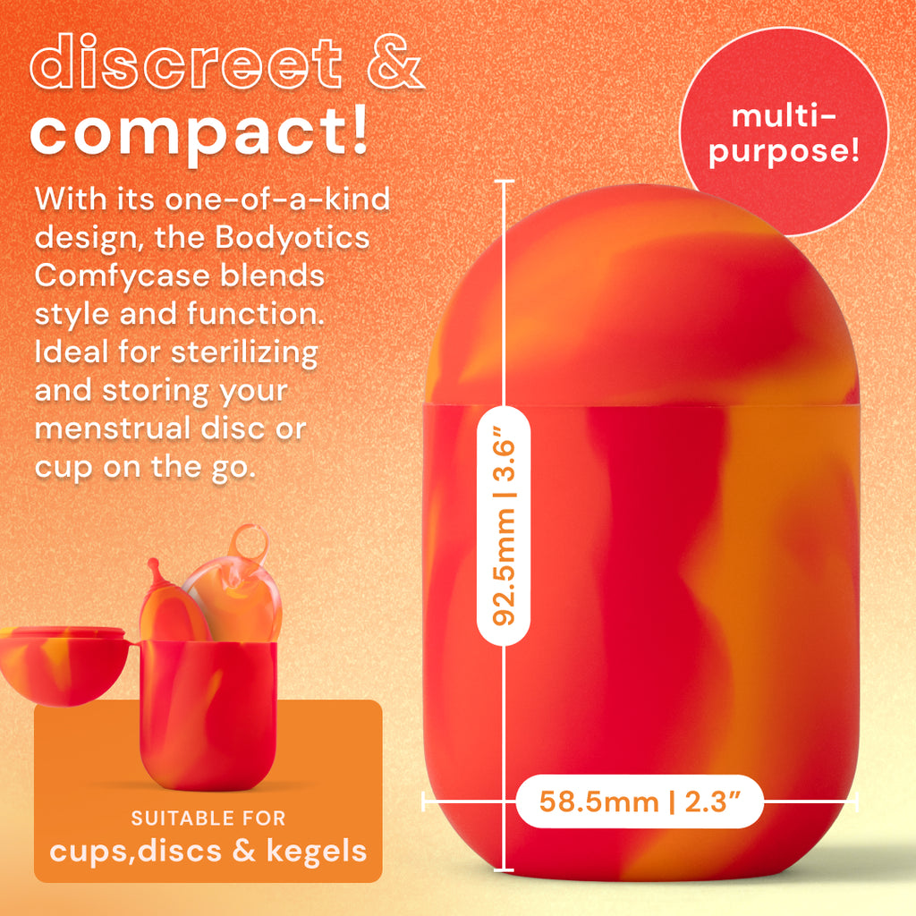 Compact and discreet Bodyotics Comfycase for sterilizing menstrual cups and discs on the go.
